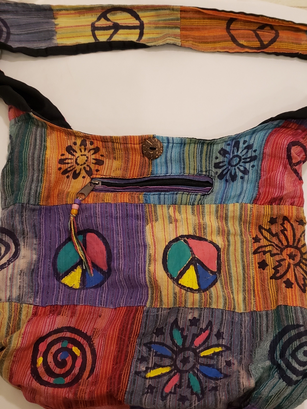 Boho Multicolor Peace Sign Patchwork Shoulder Bag